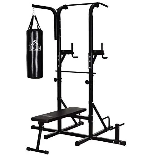 Produktbild: HOMCOM Kraftstation mit Klimmzugstange, Multifunktionale Dip-Station, Trainings-Gerät für Zuhause, mit Boxsack, Fitness, Stahl, Schwarz, 180 x 183 x 219 cm