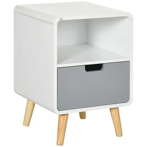 Produktbild: HOMCOM Nachttisch, Nachtschrank mit Schublade, Nachtkommode mit Offenem Fach, Beistelltisch für Schlafzimmer, Wohnzimmer, Weiß, 40 x 38 x 58 cm