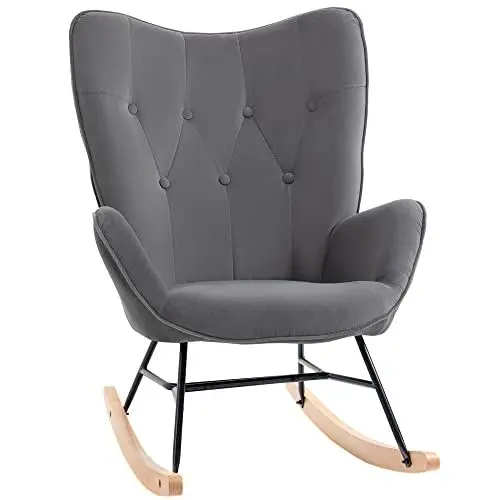 Produktbild: HOMCOM Schaukelstuhl mit Stahlrahmen gepolstert Relax Stuhl Sessel Stuhl Wohnzimmersessel Lounge mit gepolsterter Sitzfläche samtartiges Polyester Gummiholz Metall Dunkelgrau+Natur 65 x 70 x 96 cm