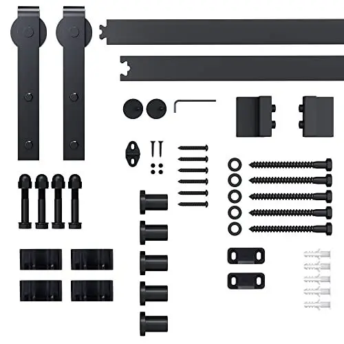 Produktbild: HOMCOM Schiebetüren-Beschlagsatz mit Schrauben Laufschiene Komplett-Set Schiebetürsystem für einzelne Holztür, aus Kohlenstoffstahl Schwarz 200 x 40 x 0,6 cm