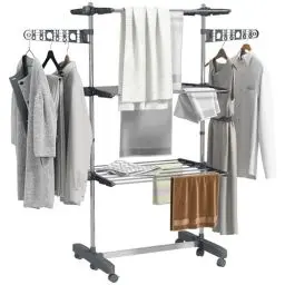 Produktbild: HOMCOM Wäschetrockner Turm Wäscheständer mit Rollen, 3 Ebenen, Klappbarer Standtrockner mit Seitenflügel, Wäscheturm für Indoor, Outdoor, Stahl Grau 142 x 55 x 152 cm