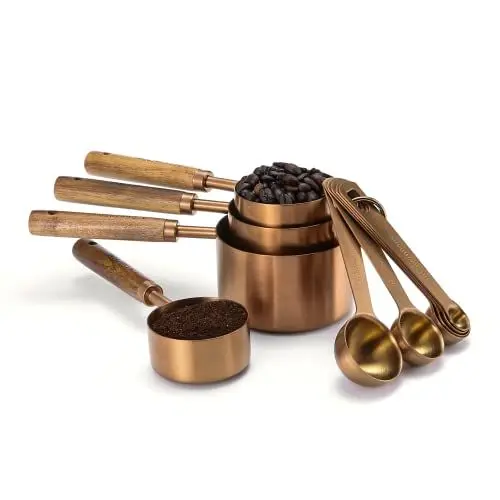 Produktbild: Home Bay Messbecher und Löffel Set 10-teilig mit Holzgriff, Titanbeschichteter Edelstahl, Roségold