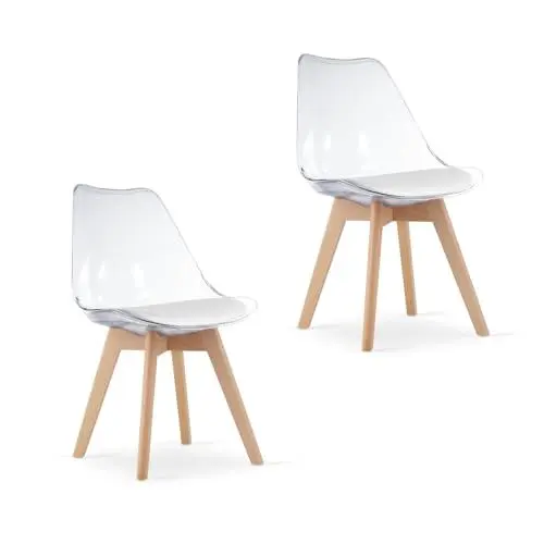 Produktbild: Home Collective 2er Set Esszimmerstuhl Stuhl Wohnzimmerstuhl 2X durchsichtig mit Vollholzbeinen in Natur, bequemer & Stabiler Schalenstuhl