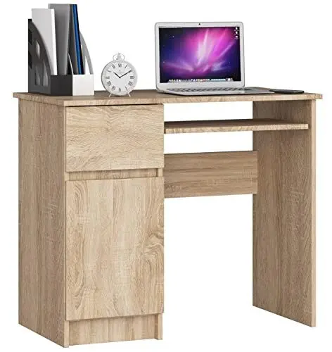 Produktbild: Home Collective Computertisch Bürotisch mit ausziehbarer Tastaturablage, Schreibtisch Laminatplatte mit ABS-Kante, mit 1 Schublade und 1 Tür Links, 90 x 50 x 77 cm, Sonoma Eiche