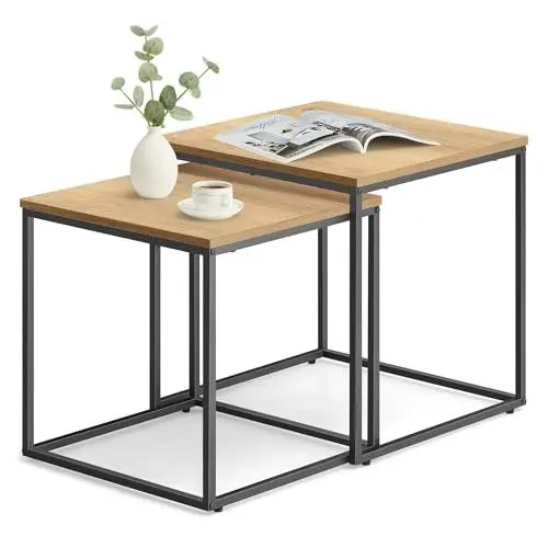 Produktbild: Home Collective Couchtisch 2er Set Quadratisch Beistelltisch Loft Design 2 in 1 Verschachtelung Kratzfeste Oberfläche, Wohnzimmer | 50cm und 45cm Breit Eiche mit schwarzen Beinen