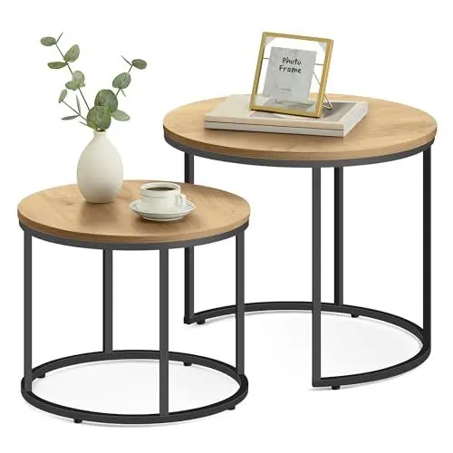 Produktbild: Home Collective Couchtisch 2er Set Rund Beistelltisch Loft Design 2 in 1 Verschachtelung Kratzfeste Oberfläche, Wohnzimmer | 53cm und 43cm Breit Eiche mit schwarzen Beinen