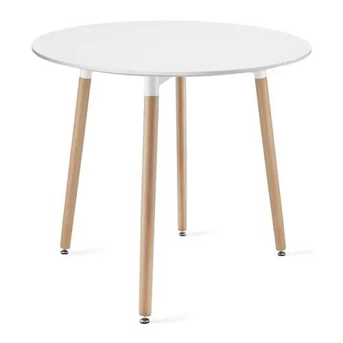 Produktbild: Home Collective Esszimmertisch Runder weißer Esstisch mit Beinen aus Naturbuche, 80 cm Durchmesser - Modernes und ergonomisches Design für Küche, Esszimmer, Wohnzimmer - Langlebige MDF-Platte