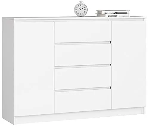 Produktbild: Home Collective Kommode weiß 140cm breit mit 4 Schubladen und 2 Türen, Schlafzimmer und Wohnzimmer, vielseitig einsetzbar für Flur und Kinderzimmer