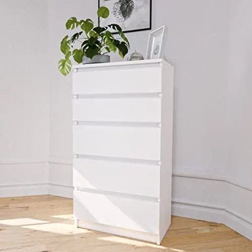 Produktbild: Home Collective Kommode weiß mit fünf Schubladen, Schlafzimmer Flur Nachttisch, Schrank, Sideboard, Highboard, Breite 60 cm Höhe 112cm