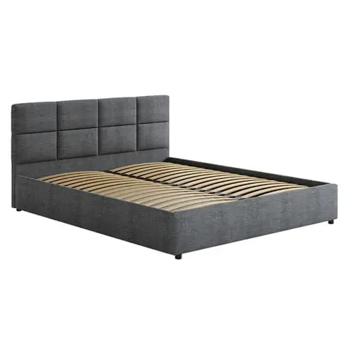 Produktbild: Polsterbett 140x200 und 160x200 cm mit Stauraum und Lattenrost aus Metall Doppelbett mit Hydraulischem Bettkasten Gepolstertes Bett Bed Stauraumbett Stabiler Bettrahmen | 160x200 cm dunkelgrau