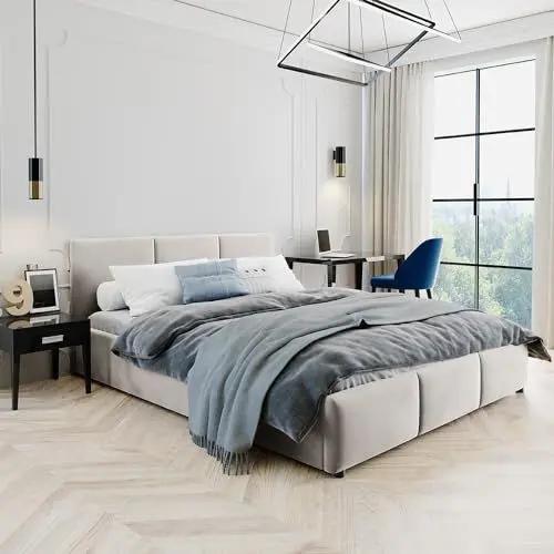 Produktbild: Home Collective Polsterbett Doppelbett 140x200 und 160x200 cm Samt beige | mit Lattenrost aus Metall und Stauraum mit hydraulischem Bettkasten | 160x200 cm