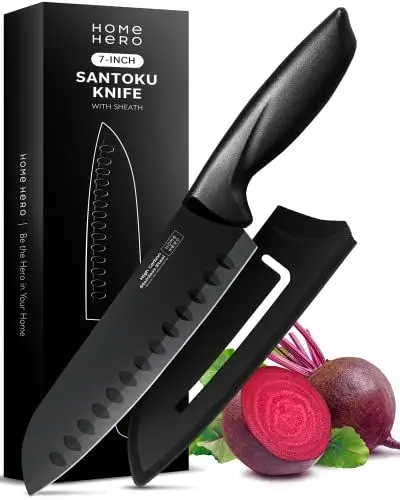 Produktbild: Home Hero Messerset mit ergonomischem Griff - rasiermesserscharfes Mehrzweck-Küchenmesser aus Edelstahl mit hohem Kohlenstoffgehalt (2 Stück Set Santokumesser + Mantel)