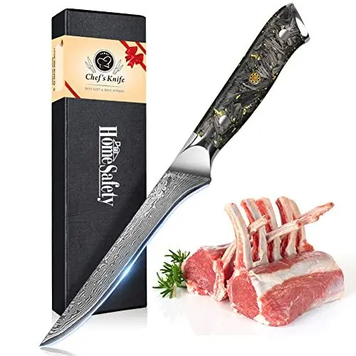 Produktbild: Home Safety Damast Filetiermesser - Damast Ausbeinmesser I extra Scharfes 14.5 cm Klinge aus 67 Lagen VG-10 Damaststahl I Handgeschmiedete Fischmesser, Geschenkbox