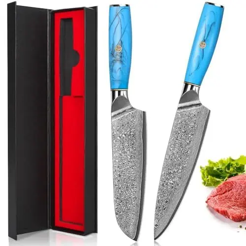 Produktbild: Home Safety Damast Messerset 2STK, Damast Santokumesser Set Küchenmesserset aus 67 Lagen Vg-10 Damaststahl, Profi Damast Kochmesser Set Ergonomischer Naturharzgriff, Geschenkbox