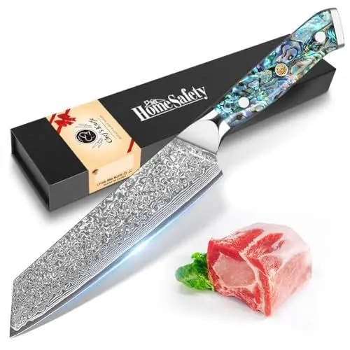 Produktbild: Home Safety Damastmesser Kiritsuke Kochmesser mit extrem Scharf 19 cm Klinge aus 67 Lagen VG-10 Damaststahl Küchenmesser Damast Fleischmesser, Abalone-Muschel Griff, Geschenkbox