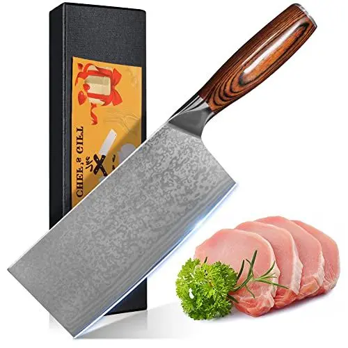 Produktbild: Home Safety Damastmesser Scharfes Damast Kochmesser - Profi Fleischmesser aus echtem Damaststahl für Küche - Handgeschmiedetes Hackmesser, rutschfeste Pakkaholz Griff + Geschenkbox