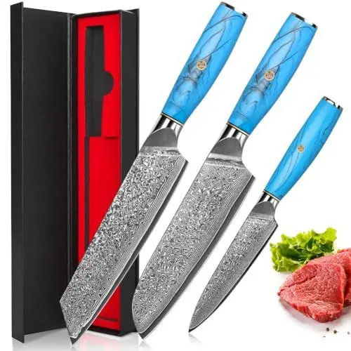 Produktbild: Home Safety Damastmesser Set, Damast Kochmesser Set 3STK Santokumesserset aus 67 Lagen Vg-10 Damaststahl, Profi Damast Küchemesser Set Ergonomischer Naturharzgriff, Geschenkbox