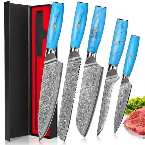 Produktbild: Home Safety Damastmesser Set, Damast Kochmesser Set 5STK Santokumesserset aus 67 Lagen Vg-10 Damaststahl, Profi Damast Küchemesser Set Ergonomischer Naturharzgriff, Geschenkbox