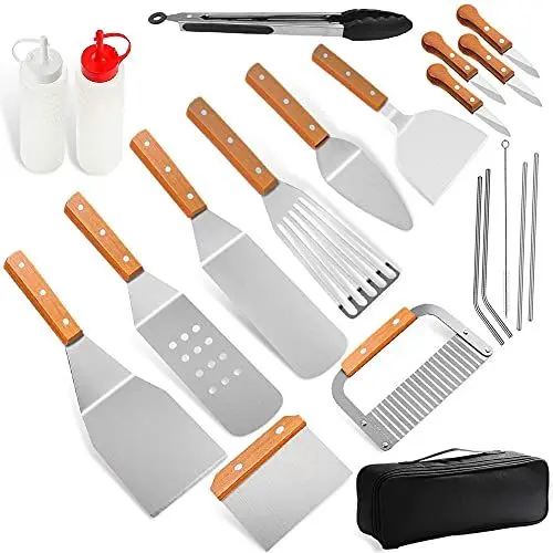 Produktbild: Home Safety Grillbesteck Set - 20-TLG Grillspachtel Set Werkzeugset, Profi BBQ Zubehör Grillwender aus Edelstahl mit mit Quetschflaschen und Tragetasche für Grillen im Freien, Teppanyaki, Camping