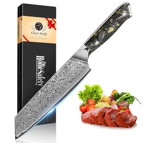 Produktbild: Home Safety Kiritsuke Küchenmesser Damast - Damastmesser Profi Kochmesser I extra Scharfes 19 cm Klinge aus 67 Lagen VG-10 Damaststahl I Damast Gemüsemesser, Geschenkbox