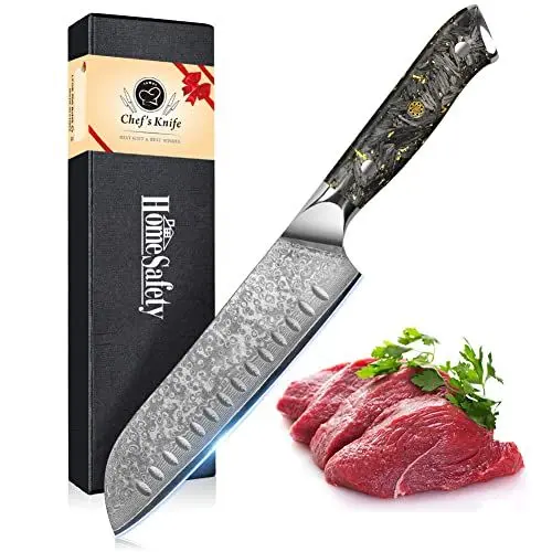 Produktbild: Home Safety Santoku Messer Damast - Damastmesser Profi Kochmesser I extra Scharfes 17.8cm Klinge aus 67 Lagen VG-10 Damaststahl I Damast Küchenmesser, Geschenkbox