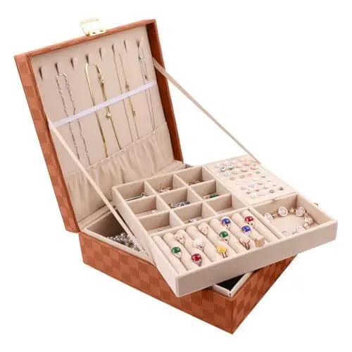 Produktbild: Homeanda Schmuckkästchen Große Kapazität 2-Schicht Leder Schmuckbox für Damen - Schmuckaufbewahrung Organizer für Ketten, Ringe, Ohrringe, Armbänder(Braun)