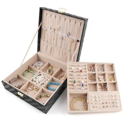 Produktbild: Homeanda Schmuckkästchen Große Kapazität 2-Schicht Leder Schmuckbox für Damen - Schmuckaufbewahrung Organizer für Ketten, Ringe, Ohrringe, Armbänder(Schwarz)