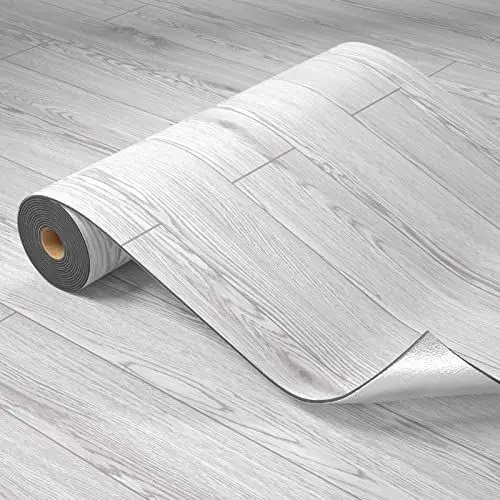 Produktbild: Homease PVC Bodenbelag Selbstklebend Verdickt (0.15cm) Holzmaserung Bodenaufkleber mit Textur, Verschleißfest, Wasserdicht, Holz Platte Vinylboden für Küche, Wohnzimmer Balkon 0.6 x 3 M/1.8㎡ Hellgrau