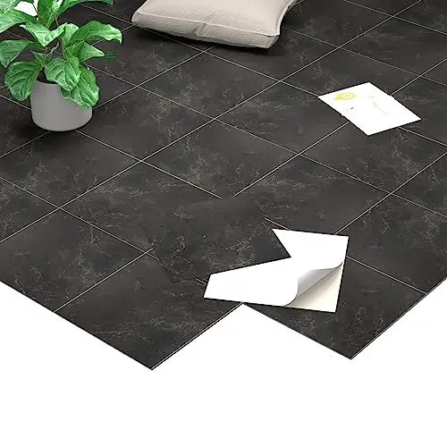Produktbild: Homease PVC Bodenbelag Selbstklebende Marmoreffekt Vinylboden, Rutschfeste Wasserdichte Schneidbar Fliesenoptik Bodenfliesen für Küche Wohnzimmer Balkon, Matt Schwarz 20 Fliesen 1.8m²