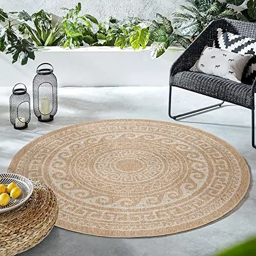 Produktbild: HomebyHome In & Outdoor Teppich Wetterfest Rund 200 cm Beige - Sisal und Jute Optik, Wasserfest für Balkon, Küche, Camping, Garten, Terrasse - Waschbar, Greek Design