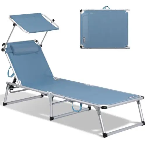 Produktbild: Homecall Sonnenliege mit Dach Gartenliege Leicht Sonnenliege Klappbar Alu Liegestuhl Strandliege, 5 Fach Verstellbare Rückenlehne, 190 x 60 cm Sonnenschutzdach, bis 136KG (Mit Sonnendach-Blau)