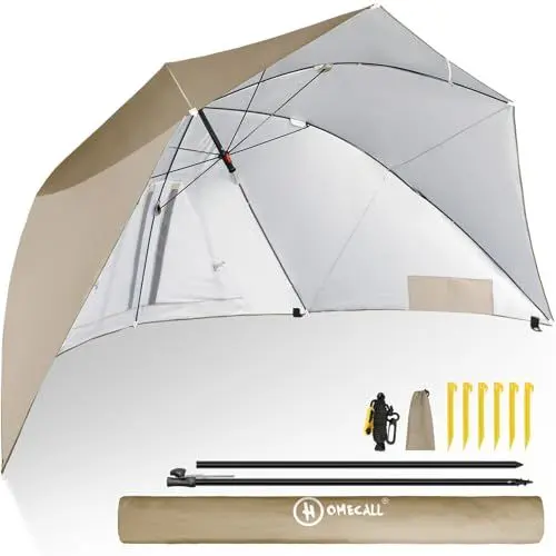 Produktbild: Homecall Strandmuschel 2 in 1 Strandschirm Umschaltbar Ø 270cm Sonnenschirm Strand Groß mit Fenster - Windschutz Strand, Regendicht, UV50+ Sonnenschutz für 2-3 Personen (Khaki)