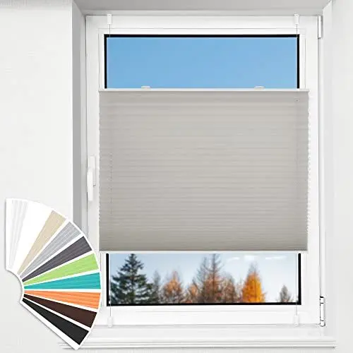 Produktbild: HOMEDEMO Plissee Klemmfix ohne Bohren Jalousien, Hellgrau, 55x180cm(BxH), Plisseerollo Fensterrollo mit Klemmträger, Faltrollo Klemmrollo Sicht-und Sonnenschutz Rollos für Fenster & Tür
