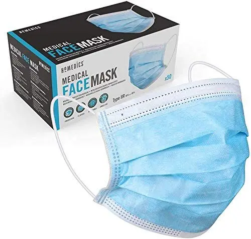 Produktbild: HoMedics IIR Medizinische Einweg-Gesichtsmasken - Einweg-Schutzmaske, dreischichtige Atemschutzmaske, Mundschutz mit verstellbarem Nasenbügel, hochwertige Außenschicht, Schutz vor Staub 50 Stck