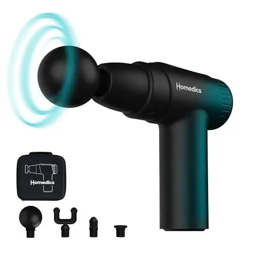 Produktbild: Homedics NOVO Mini Massagepistole - Kleines Handmassagegerät elektrisch, Klopfmassagegerät mit 4 Aufsätzen & 6 Intensitätsstufen, Vibrations Massagegerät, Massagepistole für Muskelentspannung, Schwarz