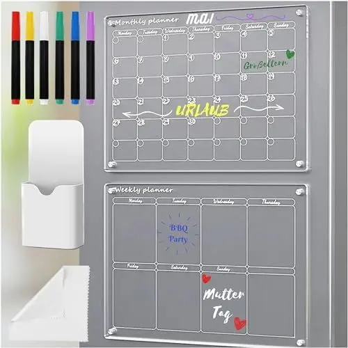 Produktbild: HOMEFAM - Acryl - Monatsplaner und Wochenplaner abwischbar (durchsichtig), Whiteboard, Magnetischer Kalender für den Kühlschrank, Terminplaner, TO DO - Planer (40,6 x 30,5 cm), Set 5-teilig