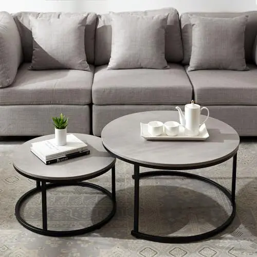 Produktbild: homeguru Satztisch mit 2 Runden Beistelltischen, 2-in-1 Kombination, Wohnzimmertisch Modern Kaffeetisch Coffee Table, Couchtisch rund 80CM und 60CM Durchmesser, Hellgrau Sofatisch Holz