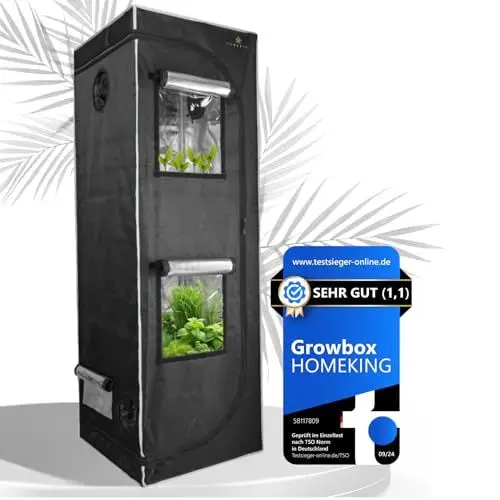 Produktbild: HOMEKING Growzelt 60x60x180 | Professionelle Zuchtzelte für Hydrokulturen | Wasserdicht, Lichtdicht 1680D & Hohe Erträge | Perfekt für Indoor Gewächshaus Hydroponic System | Farbe: Grau/Schwarz
