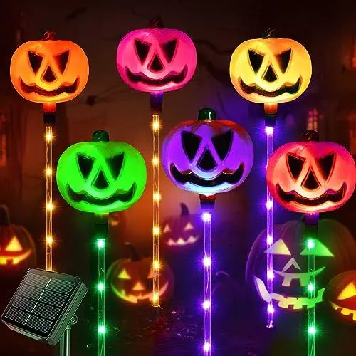 Produktbild: Homeleo Set von 6 Kürbis Solarlampen für Halloween Outdoor, Garten Deko, Solar Pumpkin Pathway Lights Außen Wetterfest für Patio, Rasen, Zaun, Veranda, Balkon