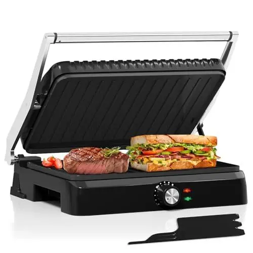Produktbild: HOMELUX Kontaktgrill, Sandwichmaker, Panini Grill 2200W, Toaster Sandwichtoaster für Fettfreies Grillen, Toasties, Mit Antihaftbeschichtete Platten 34x23cm, 180° Öffnung, 3 Feste Höhe, Reinigungsrakel