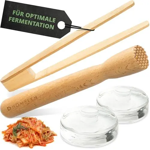 Produktbild: Fermentier Zubehör inkl. Stößel, Gewichten (⌀7cm) & Zange I Hochwertiges Zubehör zum idealen Fermentieren von Sauerkraut, Kimchi & Co. I Mit Schritt- für -Schritt-Anleitung I Fermentiergewichte