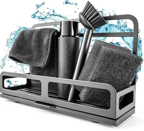 Produktbild: HOMELYN Spülbecken Organizer Set inkl. Spülbürste, Schwamm, Spülmittelspender & Lappen I Organizer Küche aus Edelstahl I Modernes Design, platzsparend, Abtropfschale I Zubehör jederzeit nachkaufbar