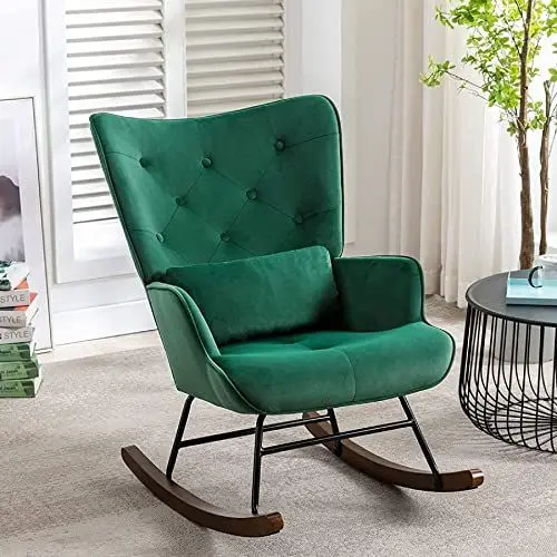 Produktbild: HomeMiYN Schaukelstuhl Samt Schaukelsessel mit Metallgestell und Holzsockel Polstersessel für Wohnzimmer Retro Sessel Freizeit Relaxstuhl für Wohnzimmer/Schlafzimmer/Kinderzimmer (grün)