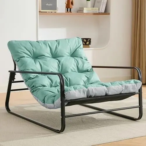 Produktbild: Sessel wohnzimmer Loungesessel Gartenliege mit Wendekissen Garten Liegestuhl Balkon möbel aus Stahl gepolsterter Stuhl für 2 Personen Gartensessel outdoor Relaxliege Balkon Garten Terrasse (Blau+Grau)