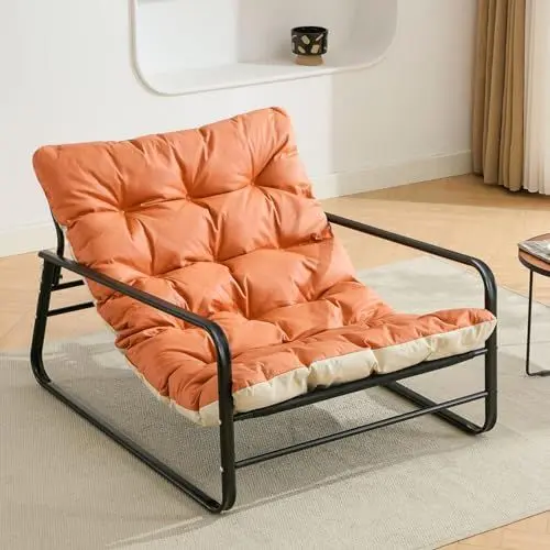 Produktbild: Sessel wohnzimmer Loungesessel Gartenliege mit Wendekissen Garten Liegestuhl Balkon möbel aus Stahl gepolsterter Stuhl für 2 Personen Gartensessel outdoor Relaxliege Balkon Terrasse (Orange+Beige)