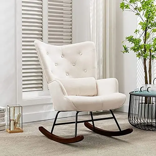Produktbild: HomeMiYN Skandinavischer Schaukelstuhl Samt mit Metallgestell und Holzsockel Retro Sessel Polstersessel für Wohnzimmer Relaxstuhl für Wohnzimmer Schlafzimmer Kinderzimmer Freizeit (Beige)