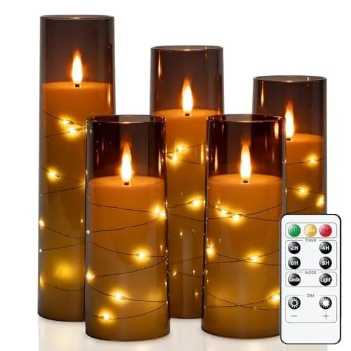 Produktbild: Homemory Flackernden Flammenlose Kerzen mit Lichterkette, Batteriebetriebene Kerzen mit Fernbedienung und Timer, Eingebettete Lichterkette LED-Kerzen, Acryl, Heimdekoration, Grau, 5er-Set