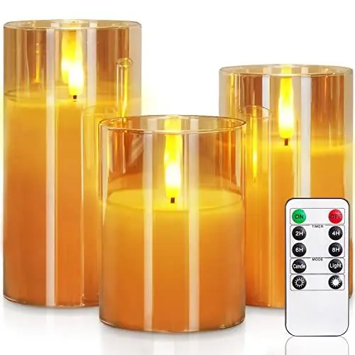 Produktbild: Homemory Gold Glas Flammenlose Kerzen, Batteriebetriebene LED Stumpenkerzen mit Fernbedienung und Timer, Elektrische Kerzen, Echtes Wachs, 3er-Set