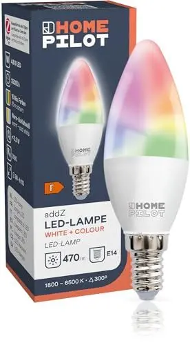 Produktbild: HOMEPILOT addZ E14 White + Colour LED Lampe, ZigBee 3.0 Smart Home Leuchtmittel (Alexa, Google Assistant uvm. kompatibel), 4,8W, 470lm, RGBW mehrfarbig, Kaltweiß bis Warmweiß (dimmbar via App)