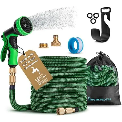 Produktbild: HOMEPROTEK Gartenschlauch Flexibel 15m Bewässerungsschlauch, Flexibler Wasserschlauch, Dehnbarer Flexschlauc mit 1/2 zoll und 3/4 zoll Messingverschraubungen, 3-Fach Latex Balkonschlauch, Garden Hose